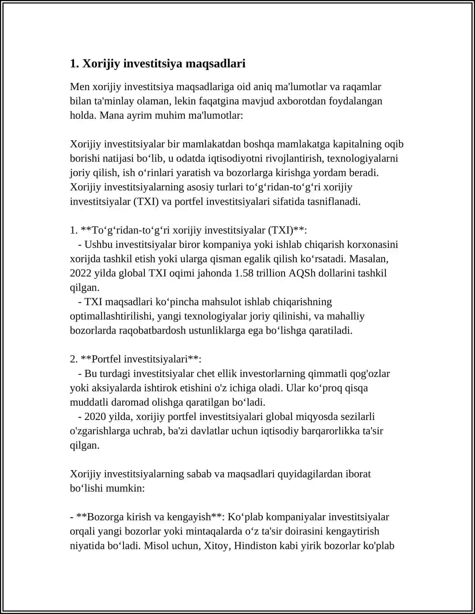 XORIJIY INVESTITSIYA FAOLIYATINI TARTIBGA SOLISHNING MILLIY IQTISODIYOTNI RIVOJLANTIRISHDAGI AHAMIYATI 4