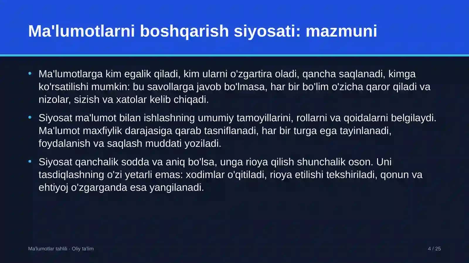 tadbirlarni tashkil etish agentliklarida ma'lumotlarni boshqarish siyosatini ishlab chiqish 8702 4
