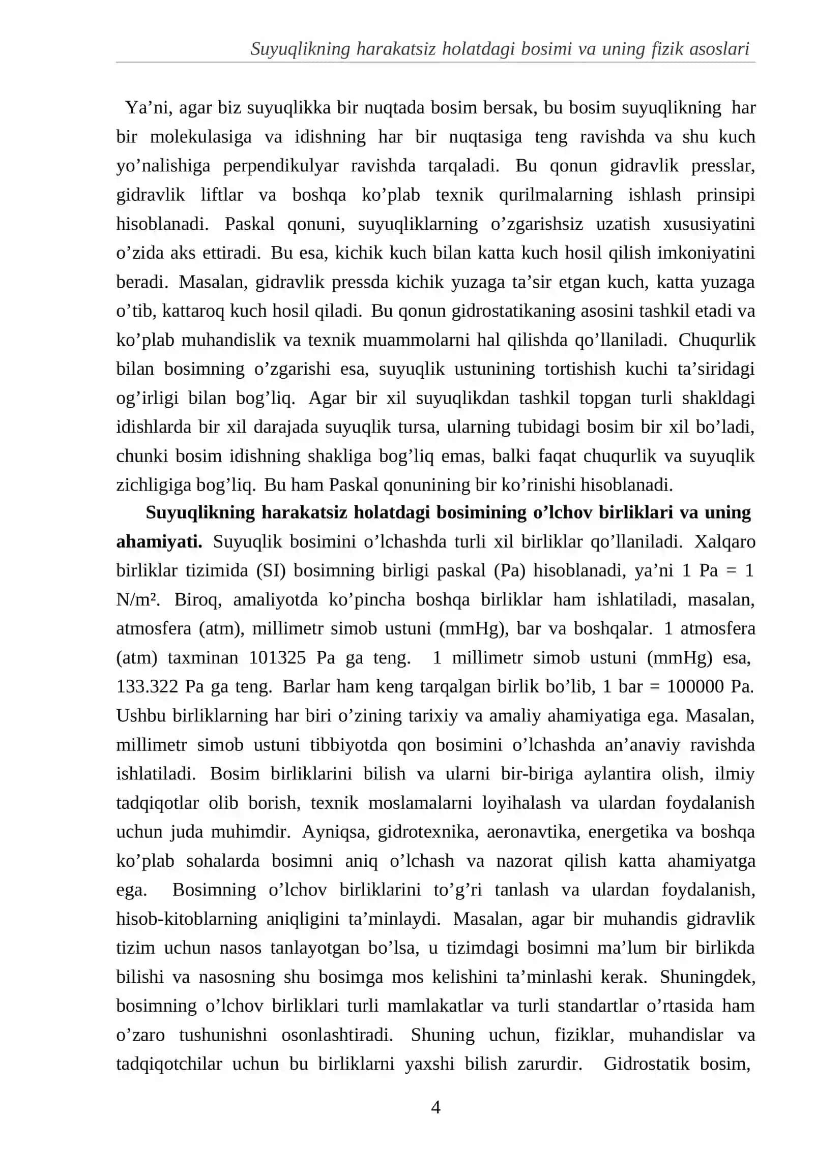 Suyuqlikning harakatsiz holatdagi bosimi va uning fizik asoslari 4