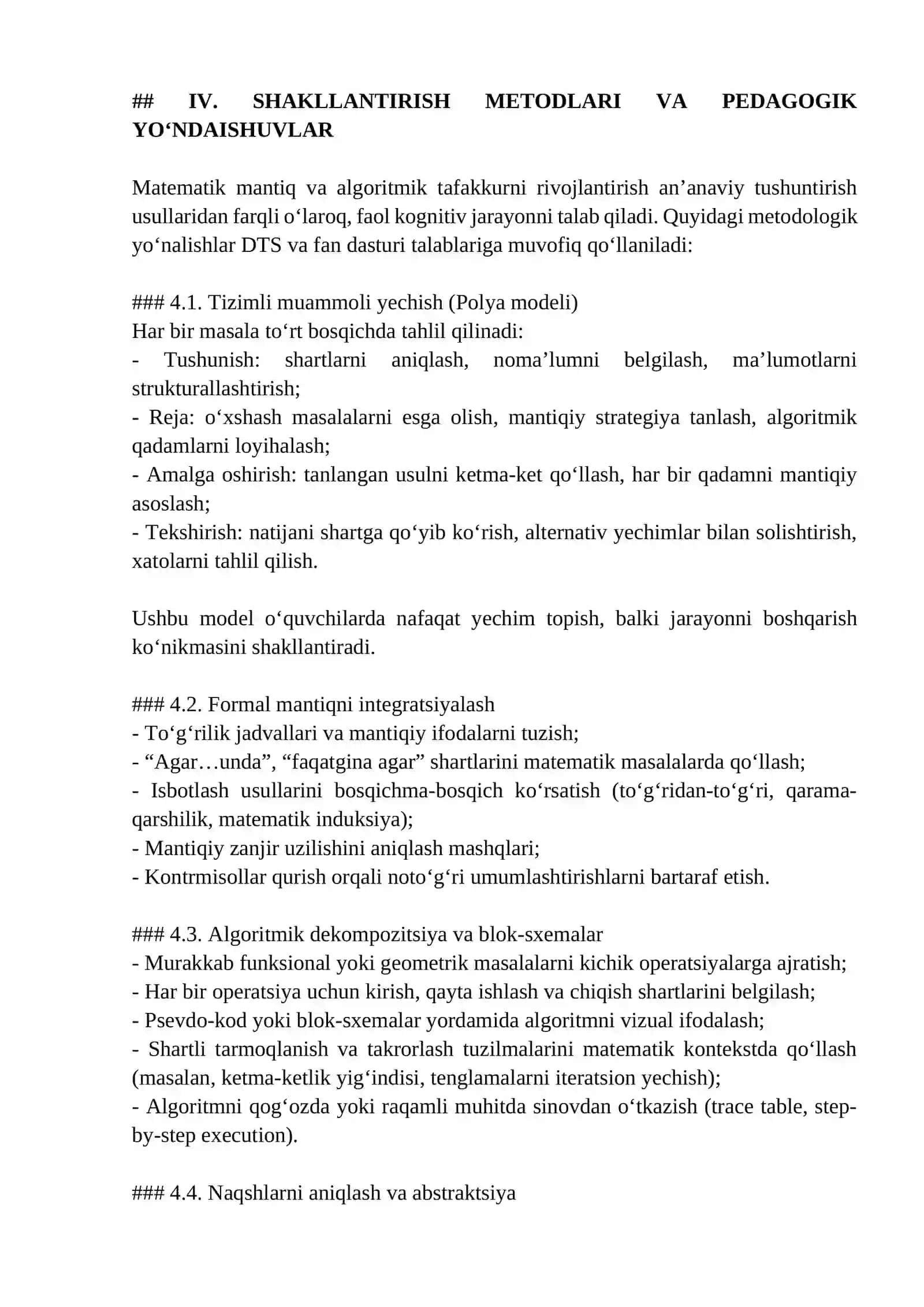 O‘QUVCHILARDA MATEMATIK MANTIQ VA ALGORITMIK TAFAKKURNI SHAKLLANTIRISH: NAZARIY ASOSLAR, PEDAGOGIK METODOLOGIYA, INTEGRATSIYA VA BAHOLASH TIZIMLARI 4
