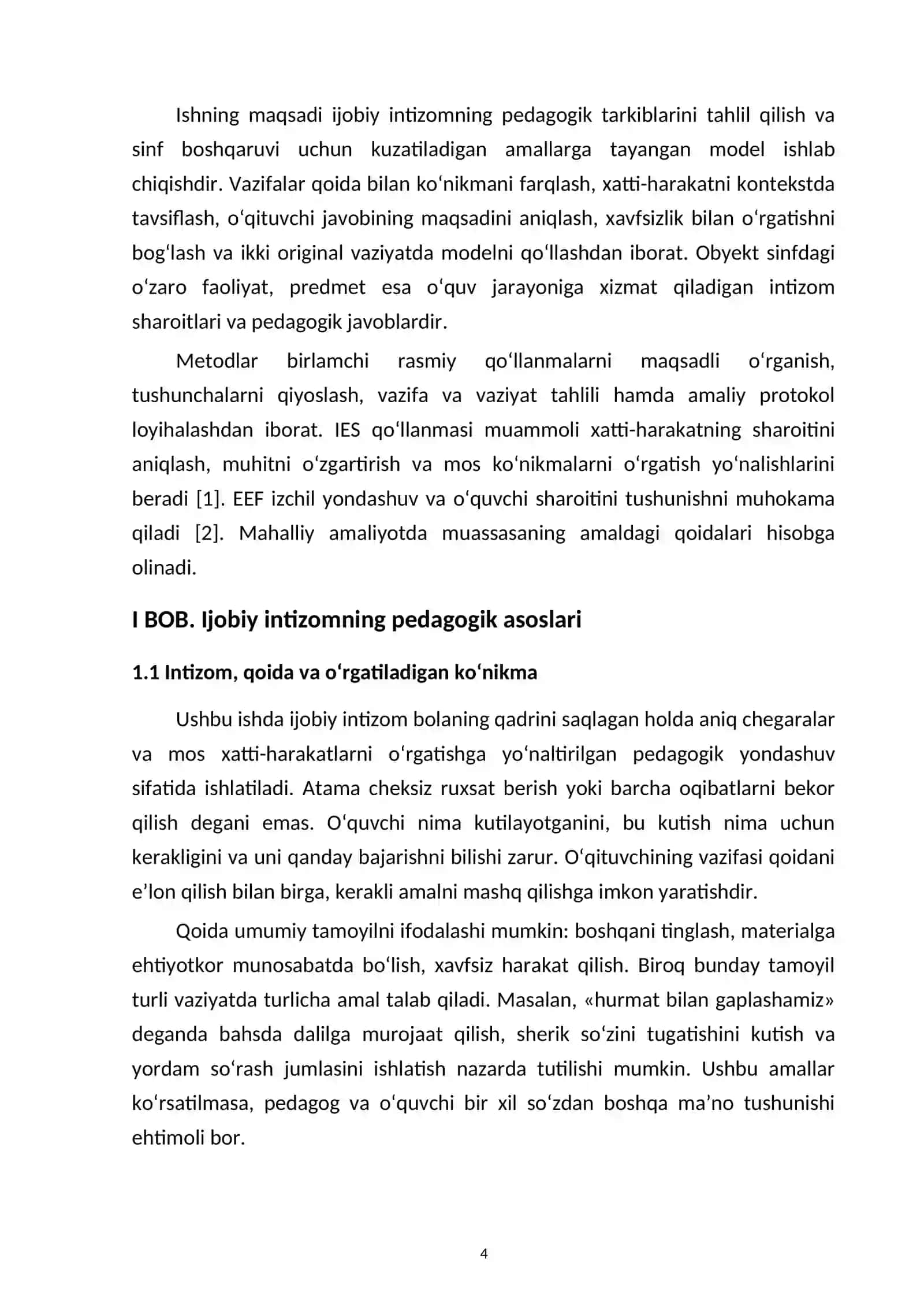 Sinf boshqaruvida ijobiy intizomni tashkil etish — kurs ishi namunasi 4