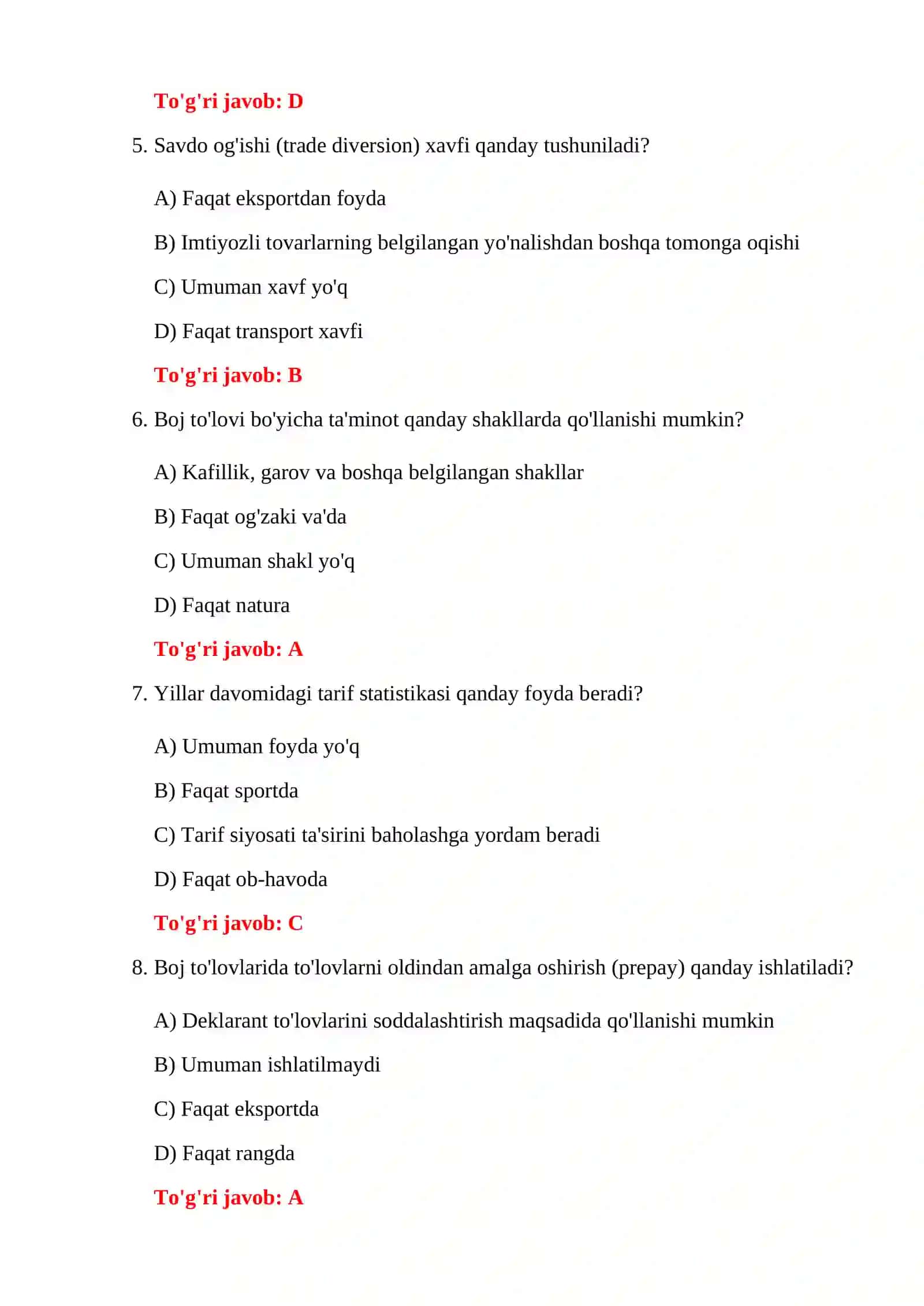 BOJXONA TARIF STAVKALARI TESTLARI 4