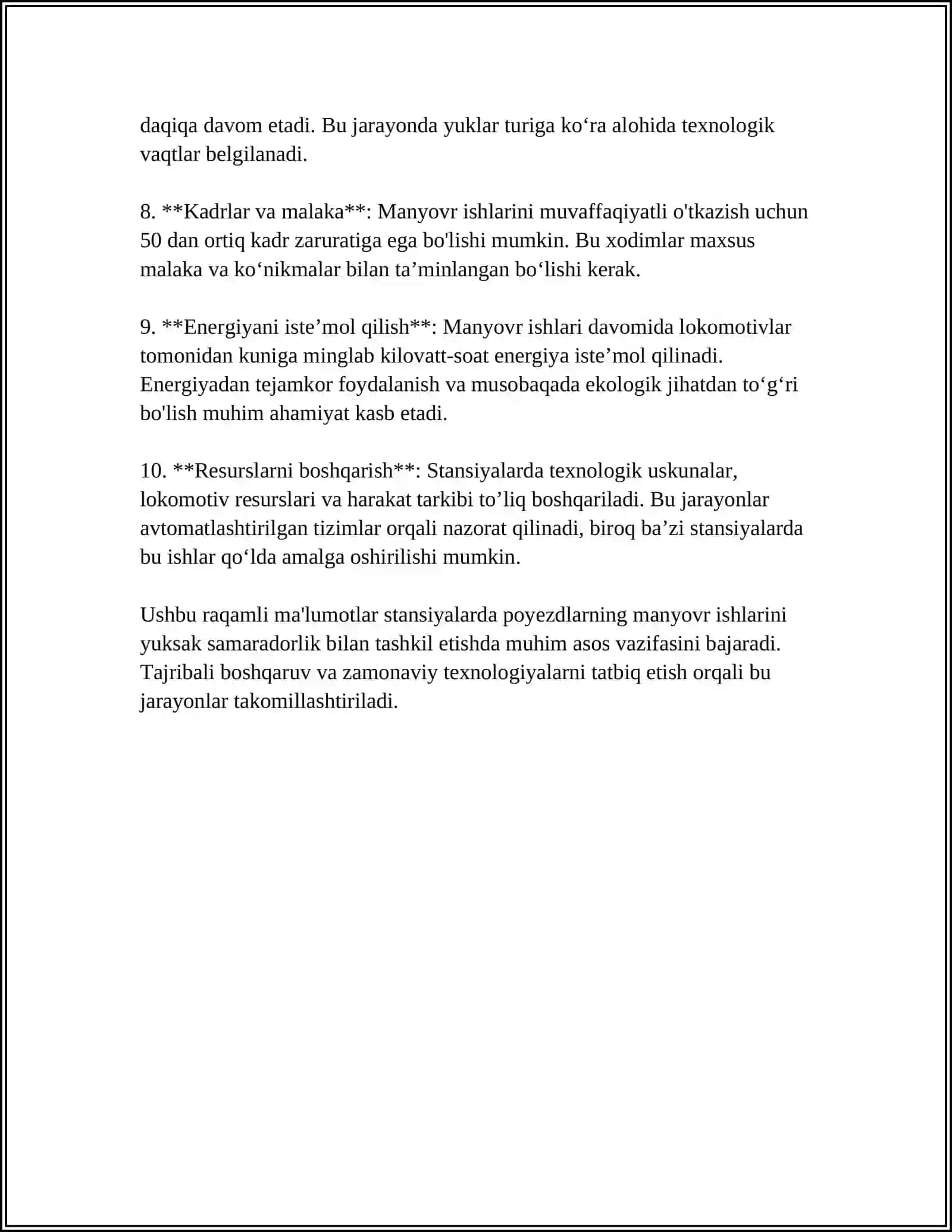 STANSIYALARIDA MANYOVR ISHLARINI TASHKIL ETISH. MANYOVR TEZLIGI 4