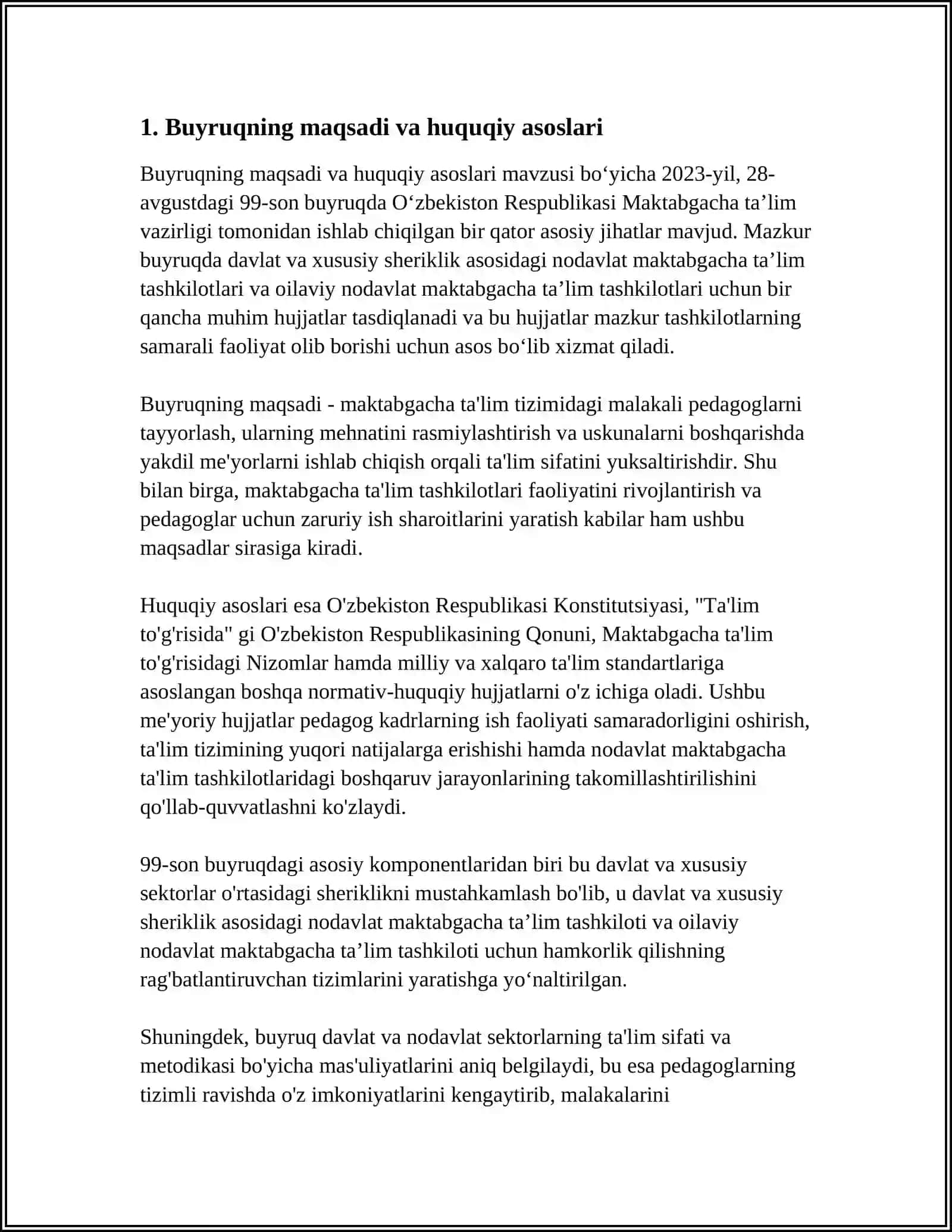 MAKTABGACHA TA‘LIM TASHKILOTLARI PEDAGOGLARNING ISH HUJJATLARINI TASDIQLASH TO‘G‘RISIDAGI 2023-YIL, 28-AVGUSTDAGI 99-SON BUYRUG 4