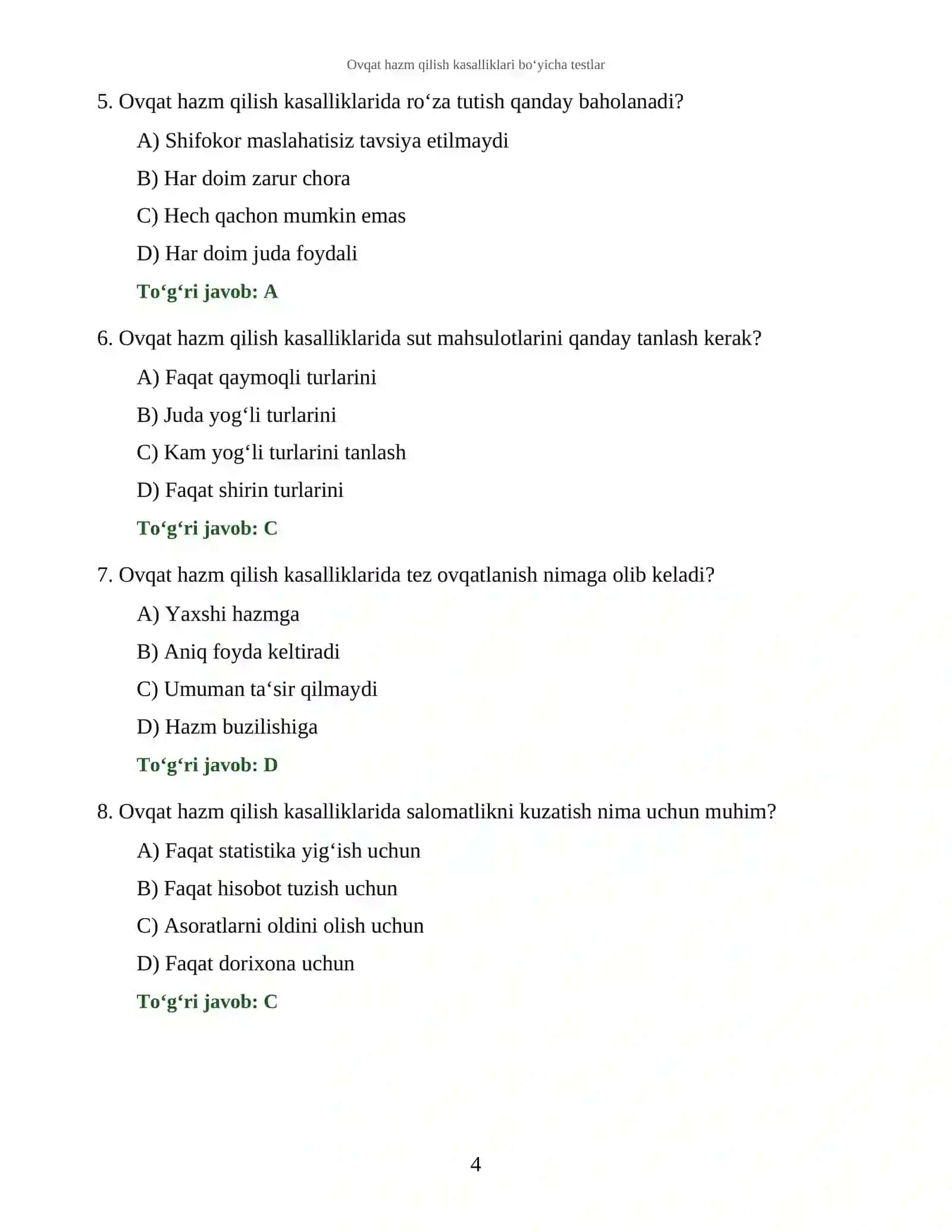 Ovqat hazm qilish kasalliklari bo‘yicha testlar 4