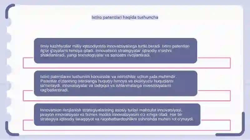 Ilmiy kashfiyotlar, ixtiro patentlarning mohiyati, va asosiy turlari miliy iqtisodiyoti invatsion rivojlatirish strategiyasi 4