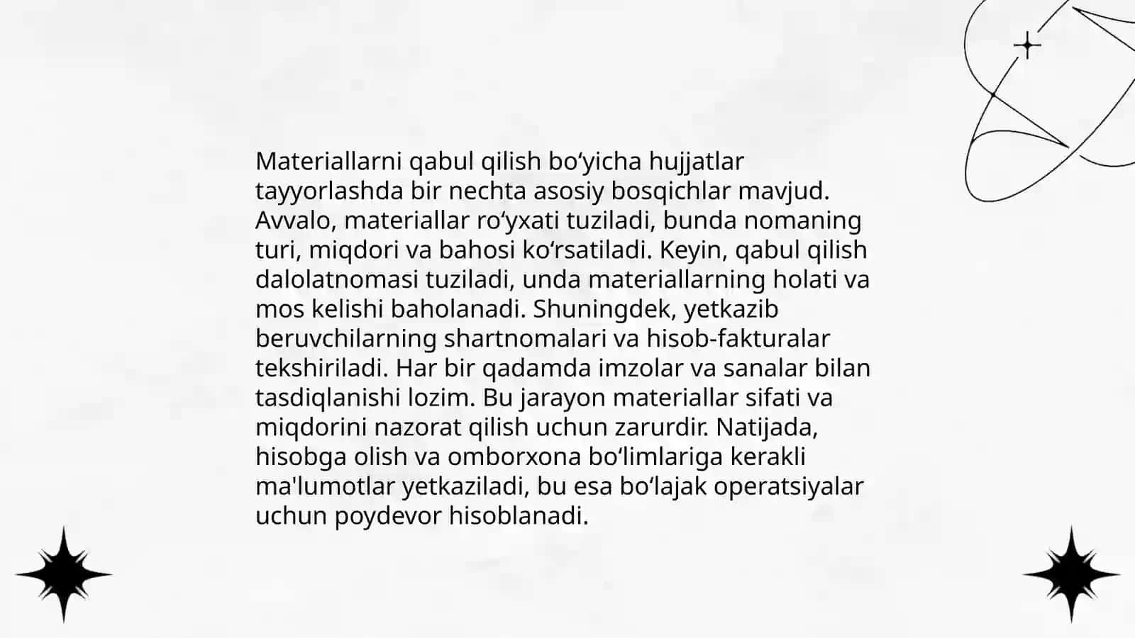 Materiallarni qabul qilishni hujjatlashtirish, hamda materiallarni omborda va buxgalteriyada hisobga olish 4