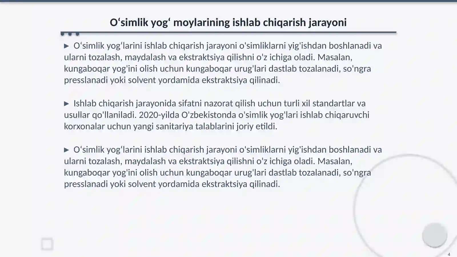 Oʻsimlik yogʻ moy mahsulotlariga tegishli standartlar 4