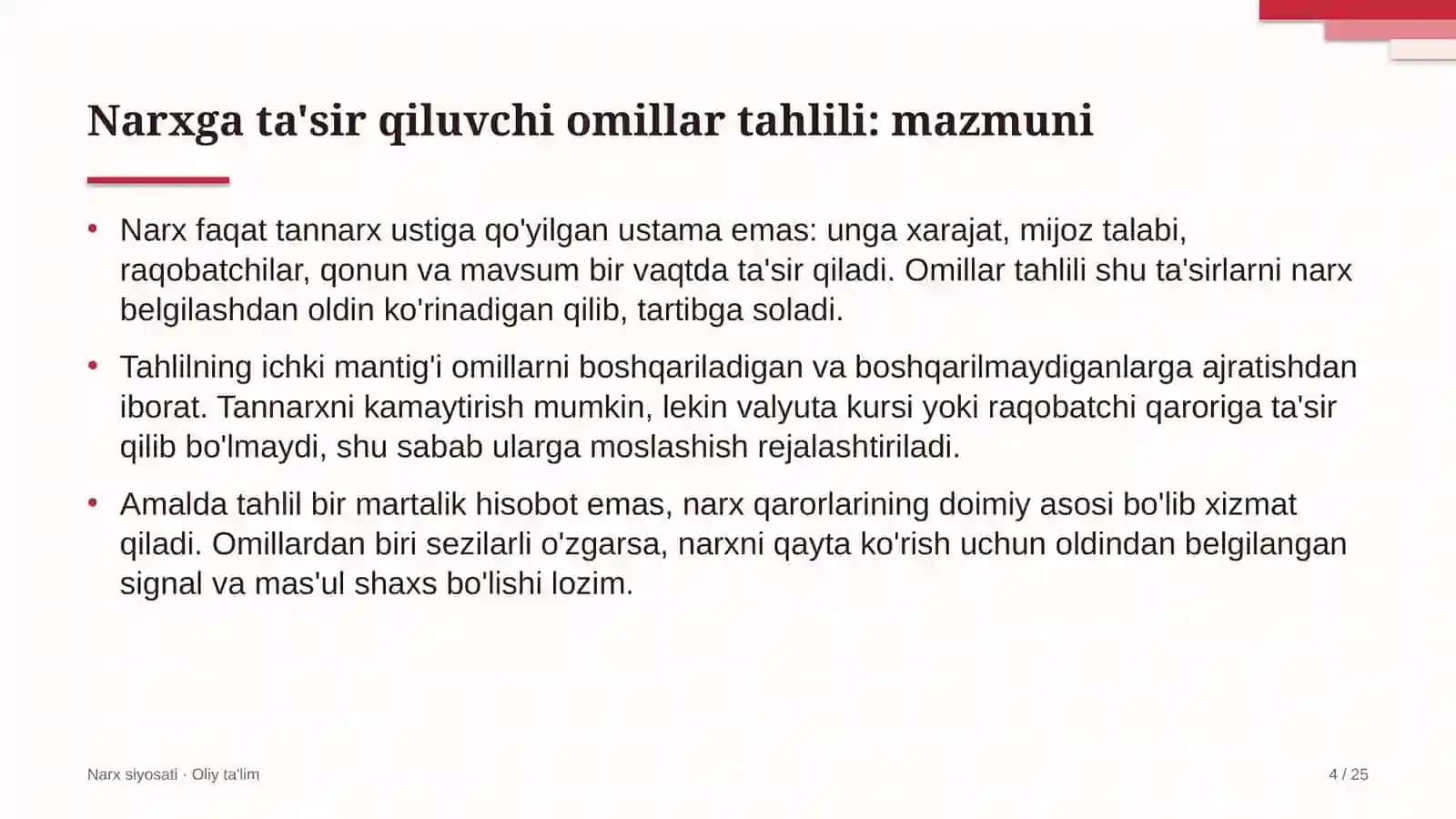 Narx siyosati · Oliy ta'lim 4