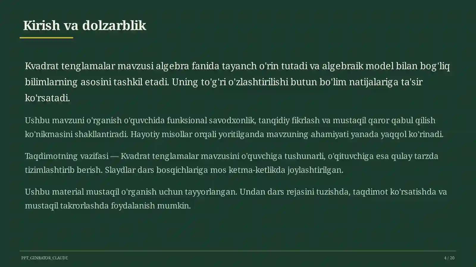 Kvadrat tenglamalar (8-sinf) 4