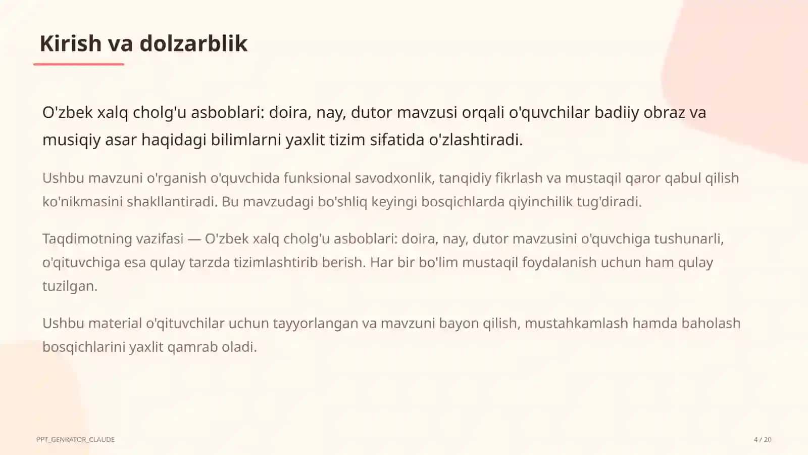 O'zbek xalq cholg'u asboblari: doira, nay, dutor (2-sinf) 4
