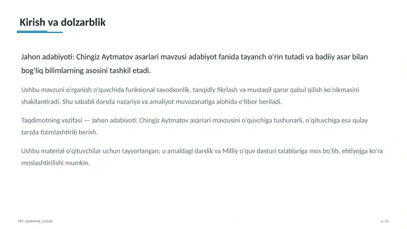 Jahon adabiyoti: Chingiz Aytmatov asarlari (11-sinf) 4