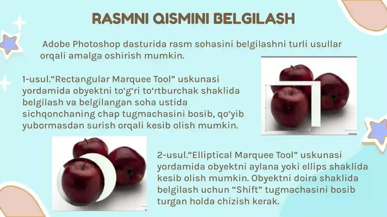 RASM SOHASINI BELGILASH, KESIBOLISH VA RANG BERISH USULLARI 4