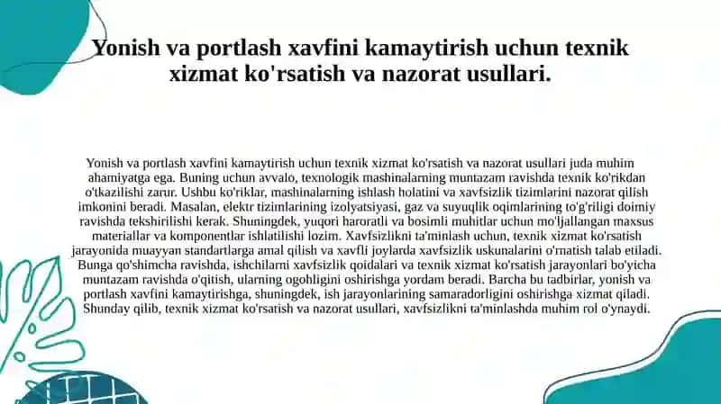 Texnologik mashinalarni ishlatishda yonish va portlash sodir bo'lganda oldini olish tadbirlari 4