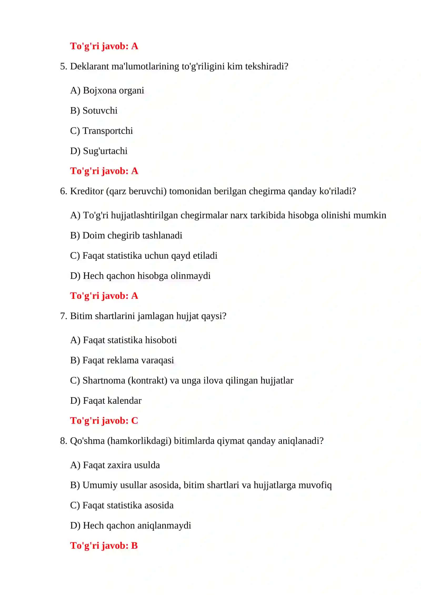 TOVARLARNING BOJXONA QIYMATI TESTLARI 4