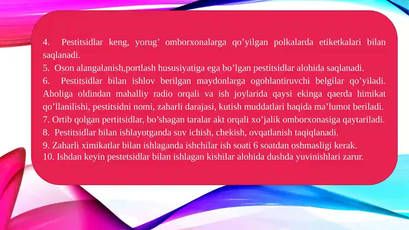 Pestitsidlar qo‘llanilishi va qo‘llashda shaxsiy himoya vositalari 4