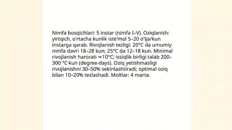 Yarim qattiqqanotlilar oilasiga mansub foydali entomofaglar rivojlanishi va koʻpayishi 4