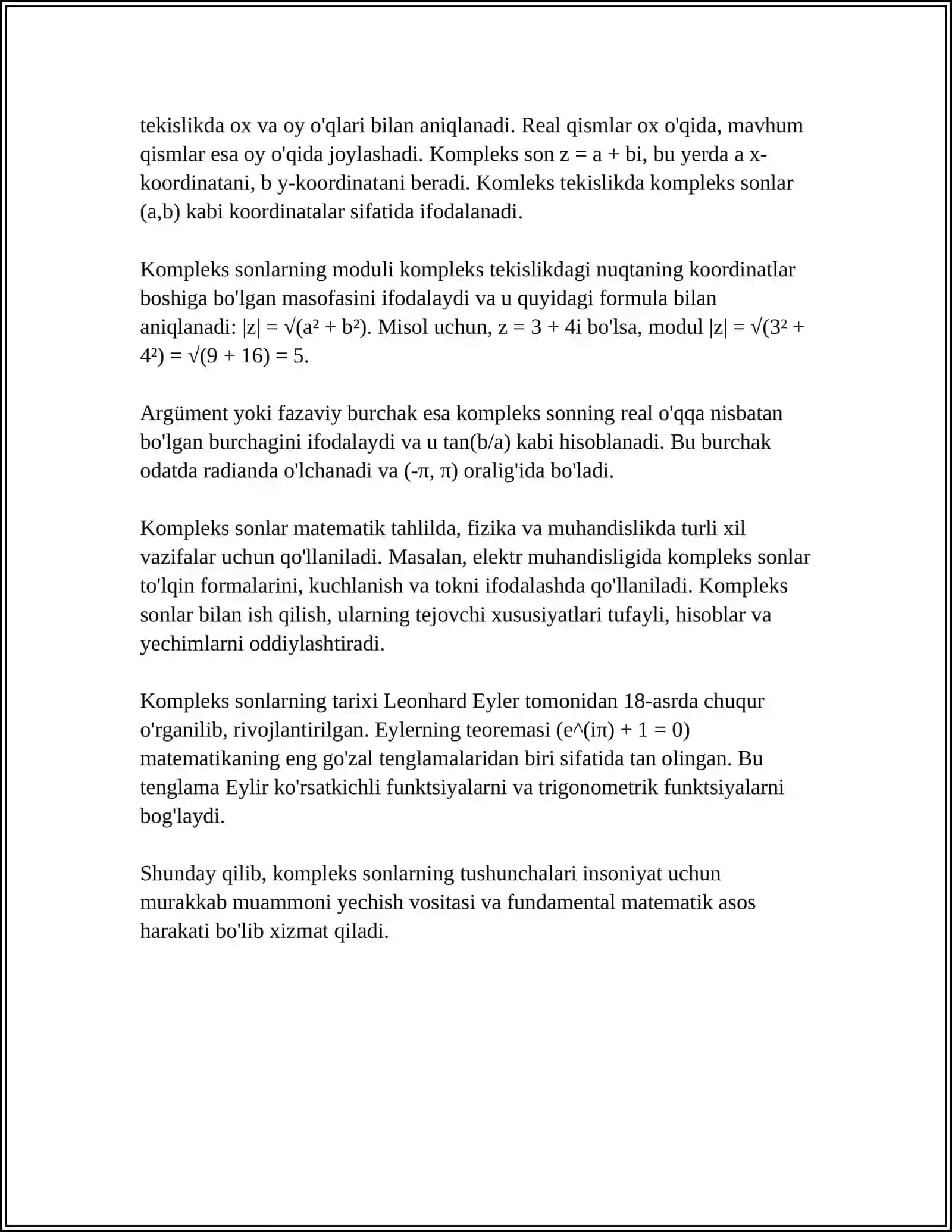 KOMPLEKS SONLARGA DOIR MUHIM TENGSIZLIKLAR. KOMPLEKS SONLARNING XOSSALARI 4