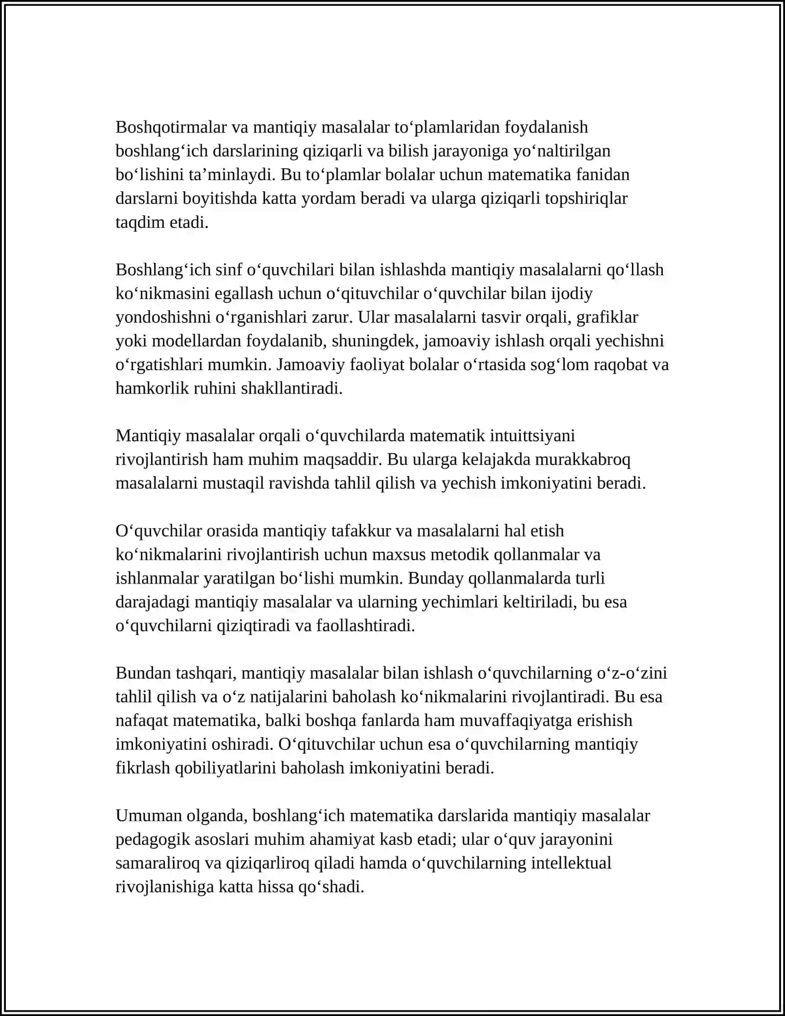 BOSHLANG'ISH MATEMATIKA DARSLARIDA MANTIQIY MASALALAR BILAN ISHLASH METODIKASI 4