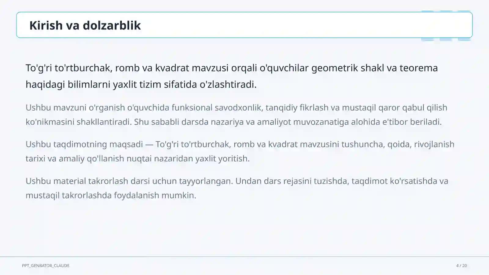To'g'ri to'rtburchak, romb va kvadrat (8-sinf) 4