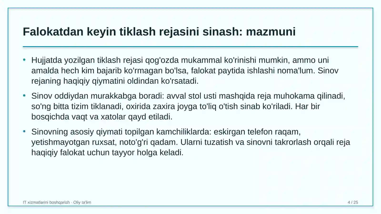 rangli metallurgiyada falokatdan keyin tiklash rejasini sinovdan o'tkazish 2574 4