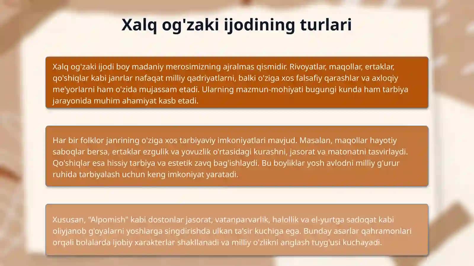 Mavzu: Tarbiyaviy ishlarni olib borishda xalq og'zaki ijodi namunalaridan foydalanish. 4