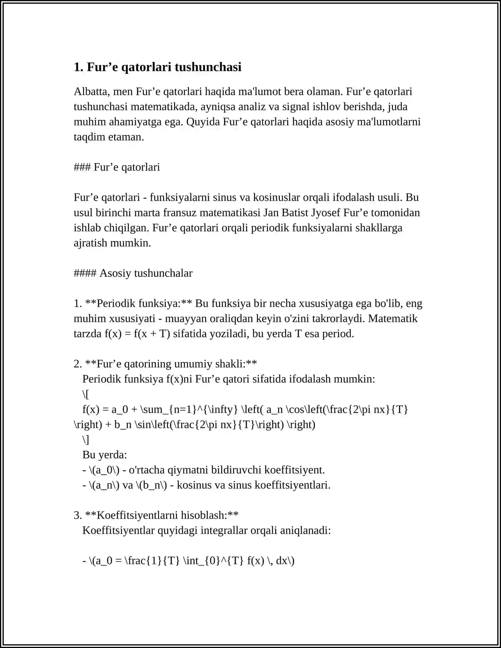 Furʼe Qatori va Furʼe Koeffitsiyentlari 4