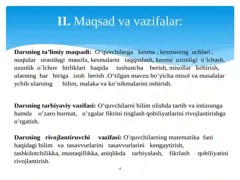 5-6-sinflarda geometriyaning sodda elementlarini o’qitish metodikasi ochiq dars 4