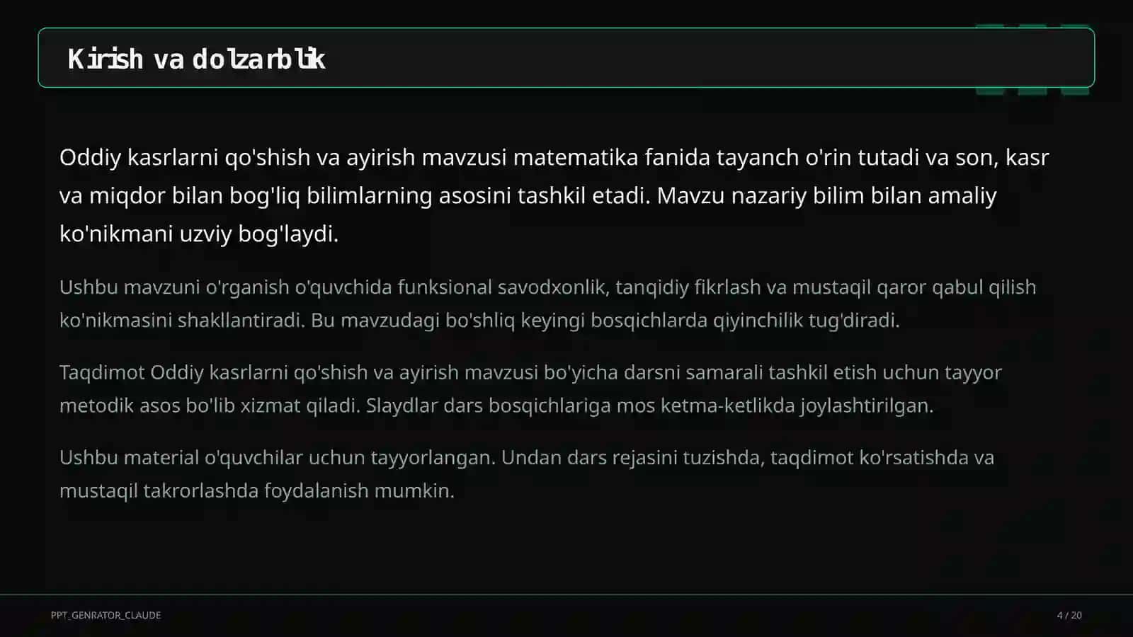 Oddiy kasrlarni qo'shish va ayirish (5-sinf) 4
