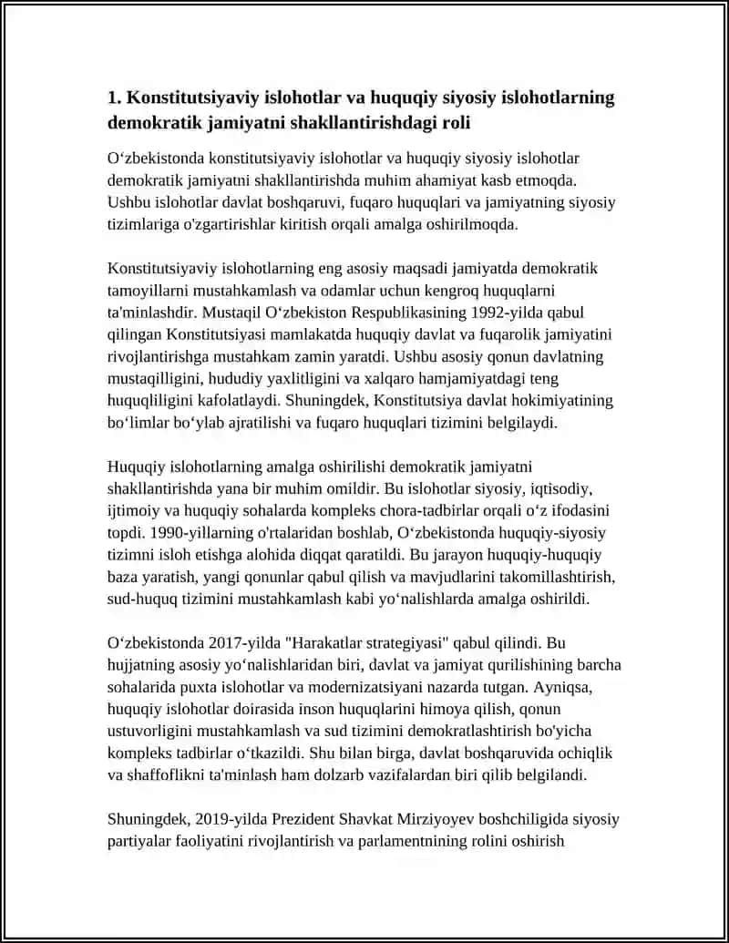 OʻZBEKISTONDA HUQUQIY SIYOSIY ISLOHOTLARNING AMALGA OSHIRILISHI DEMOKRATIK JAMIYATNI SHAKLLANTIRISH YOʻLIDAGI ISLOHOTLAR 4