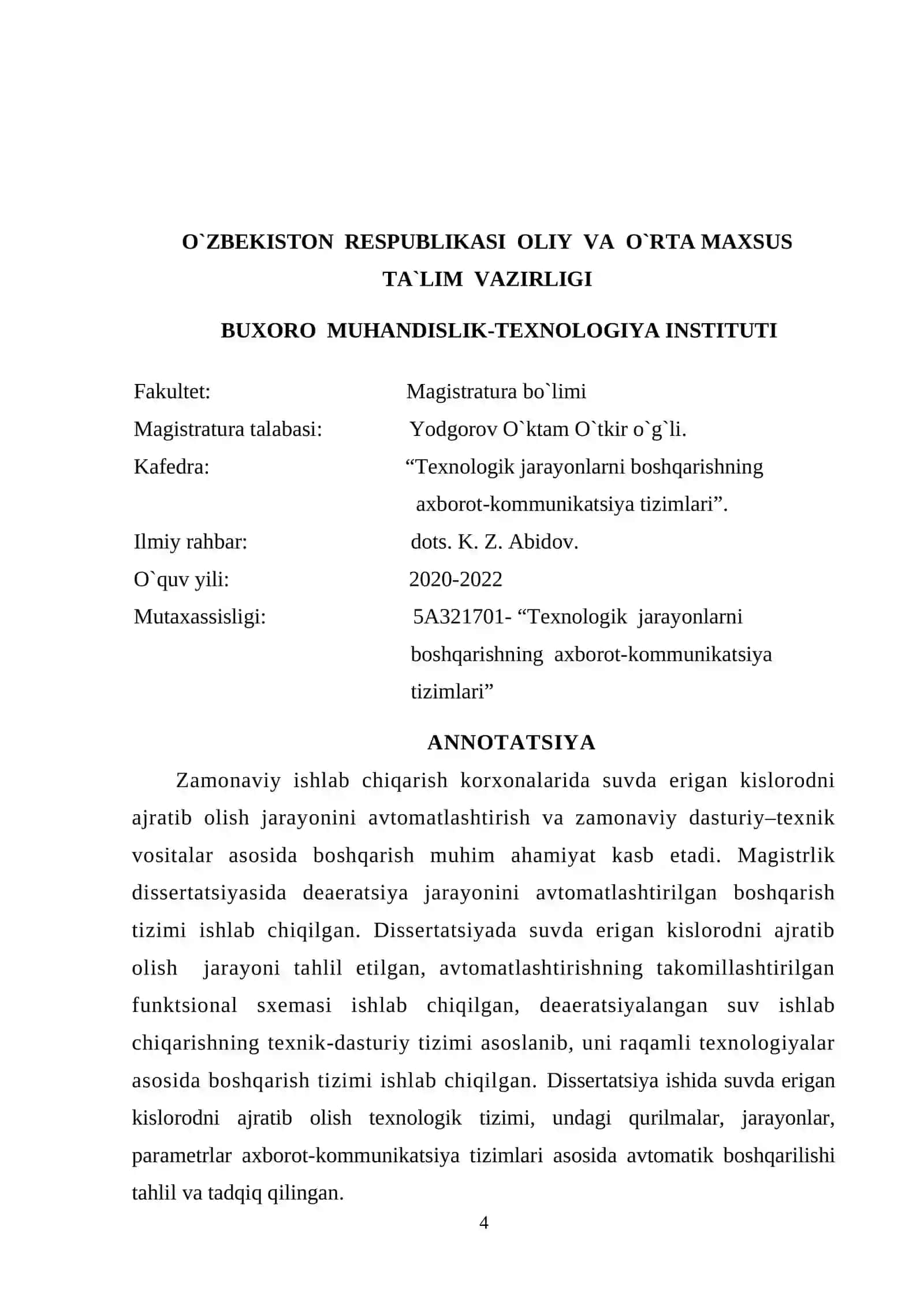 Suvda erigan kislorodni ajratib olish texnologik jarayonini boshqarish 4