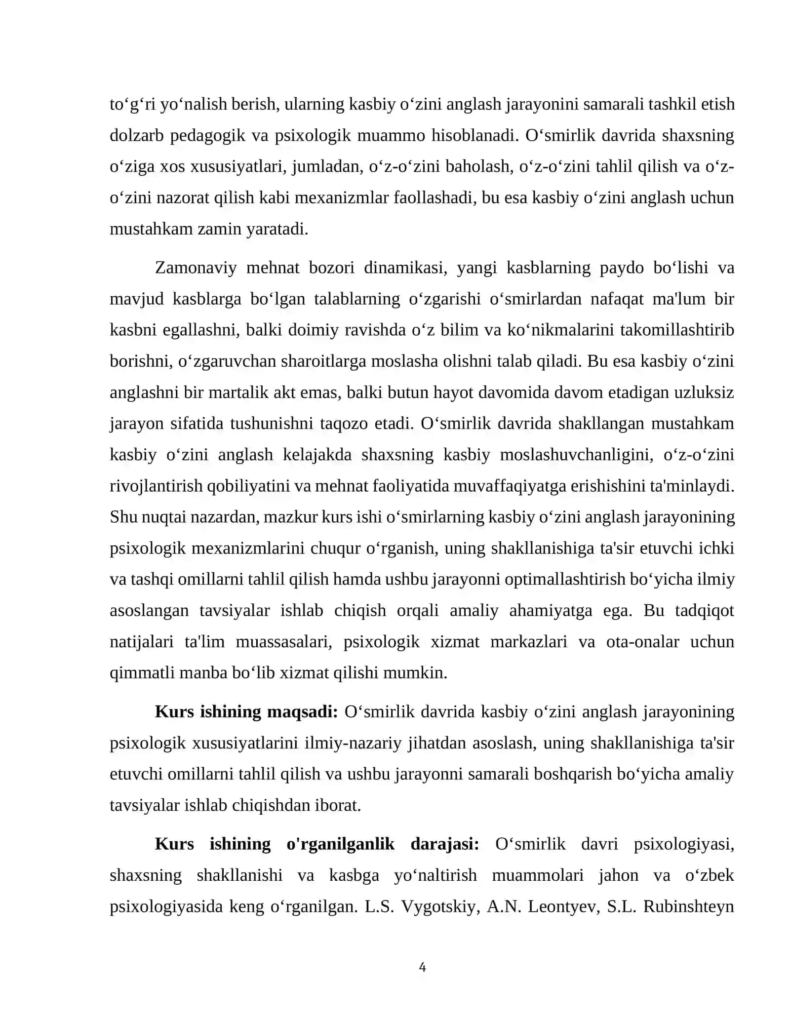 Ontogeniz Psixologiyasi Fanidan O‘smirlik Davrida Kasbiy O‘zini Anglash Jarayoni Kurs Ishi 4