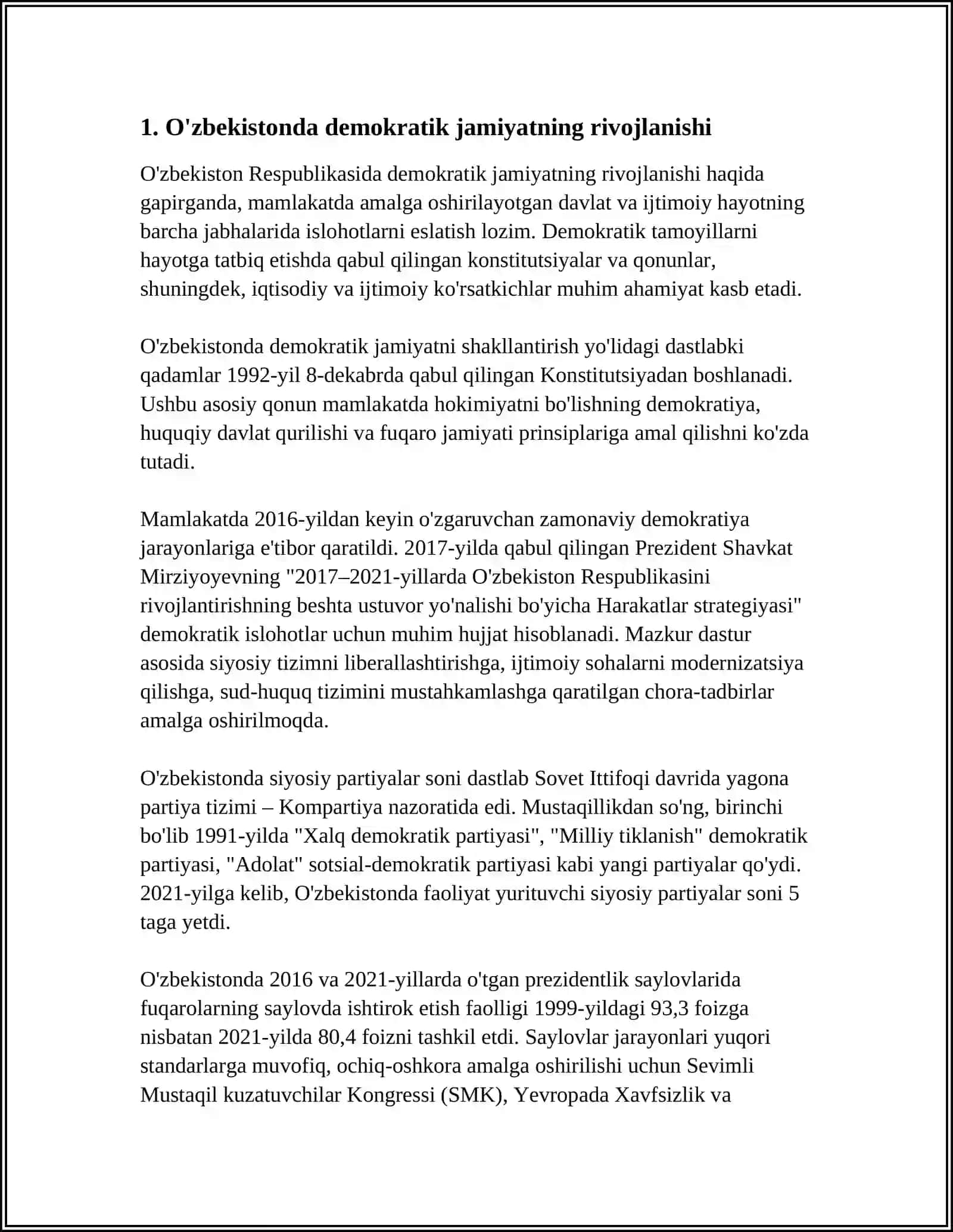 O'ZBEKISTONDA DEMOKRATIK, FUQAROLIK JAMIYATI ASOSLARINING SHAKLLANISHI, AMALGA OSHIRILGAN SIYOSIY ISLOHOTLAR REFERAT 4