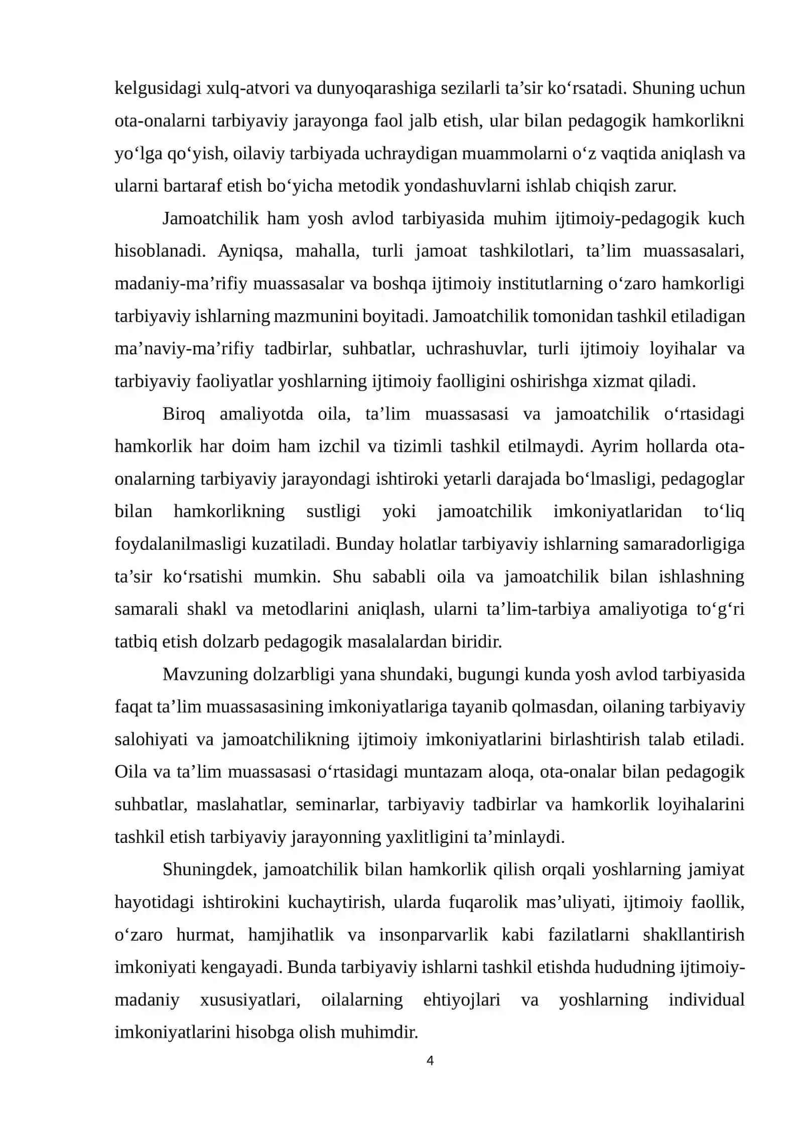 Oila va jamoatchilik bilan olib boriladigan tarbiyaviy ishlar metodikasi. 4