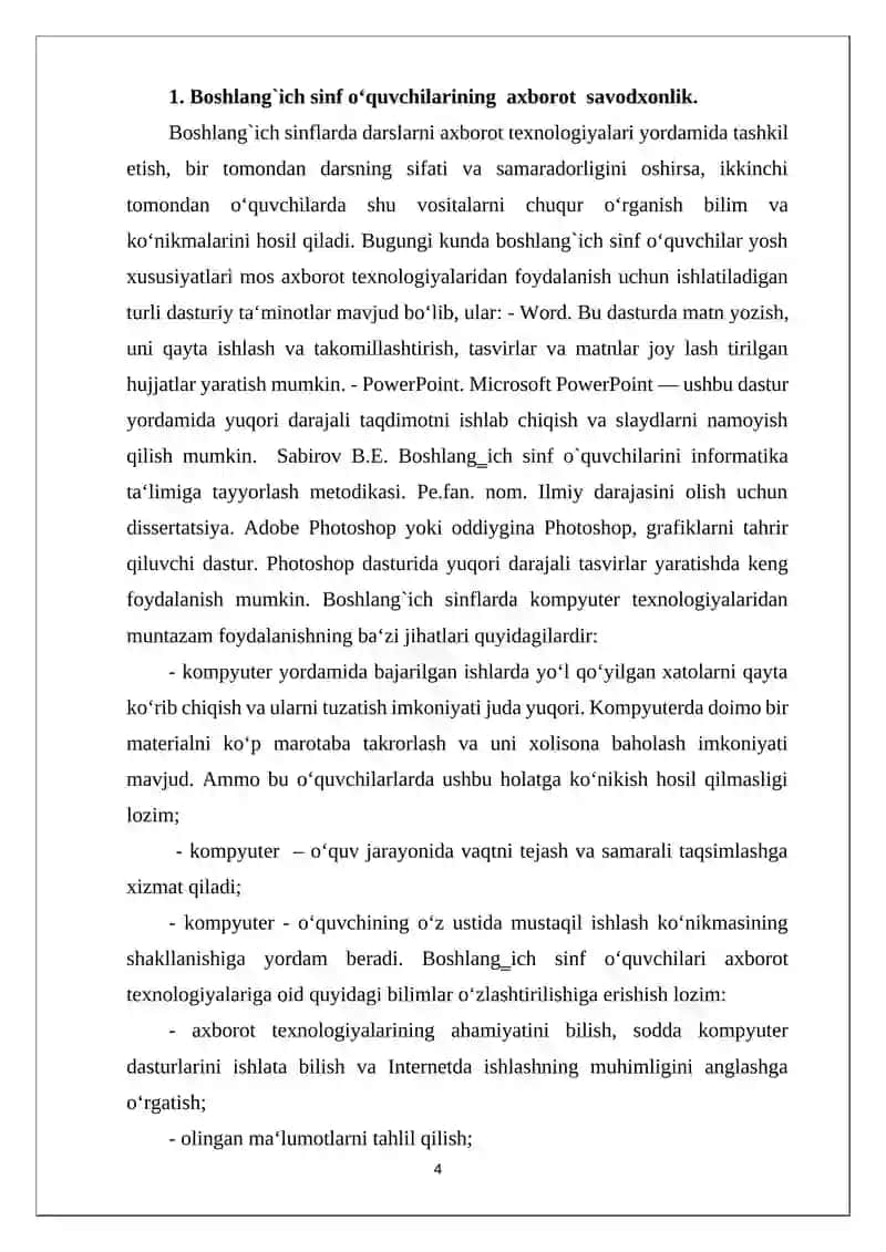 Boshlang'ich sinf oʻquvchilarining axborot komponentligi kasbiy tayyorgarligi 4
