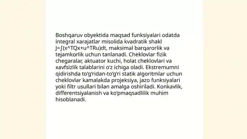 Boshqaruv obyektida ekstremumni bevosita qidirishli statik rejimlarni optimmalashtirish algoritm lari 4