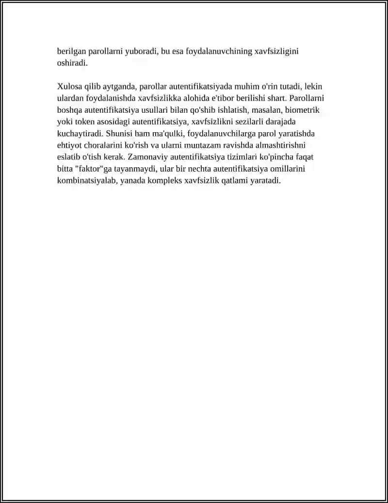 AUTENTIFIKATSIYA TIZIMINING ISHLASH SXEMASINI TUZING (PAROLLAR, TOKENLAR, BIOMETRIKLAR) VA ULARNING ISHONCHLILIGINI SOLISHTIRING 4