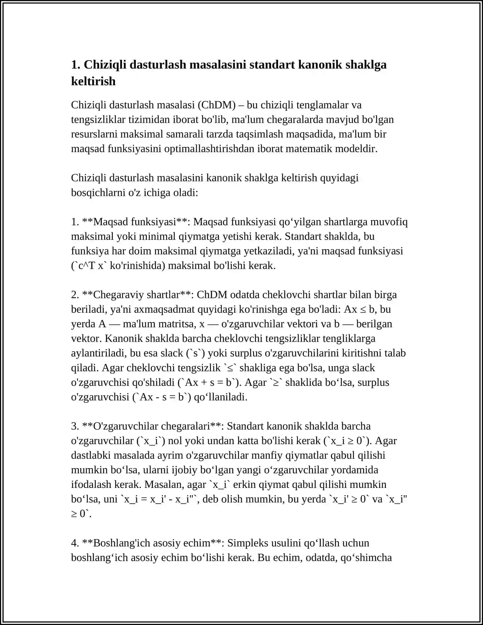 CHIZIQLI PROGRARNMALASHTIRISH MASALASINING OPTIMAL YECHIMINI SIMPLEKS USULI YORDAMIDA TOPISH 4