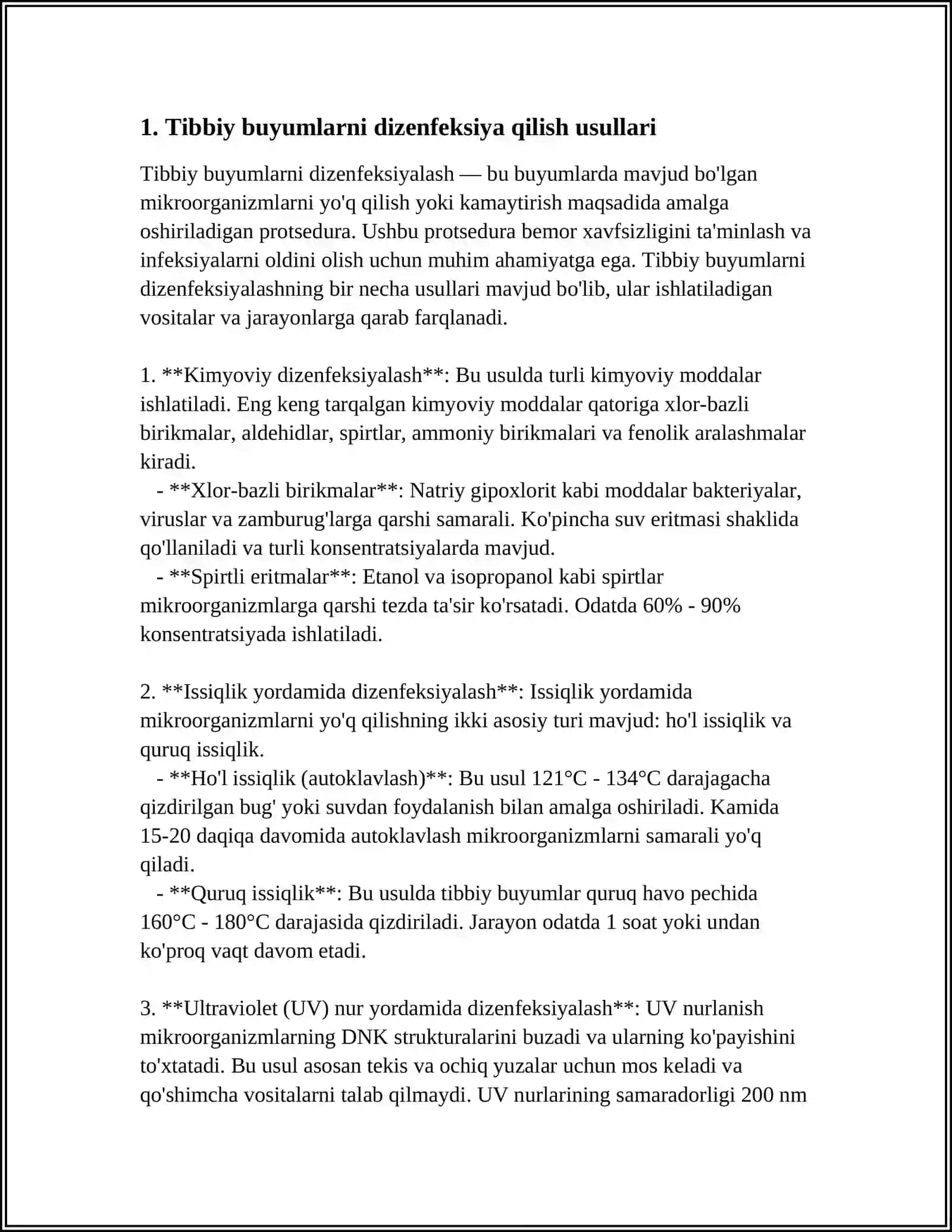 TIBBIY BUYUMLAR VA USKUNALARNI DIZENFEKSIYA VA STIRILIZASIYA QILISH USULLARI.VOSITALARNI TARTIBLARI.STIRILLANGAN TIBBIY BUYUMLAR UZ USKUNALARINI SAQLASH QOIDALARI 4