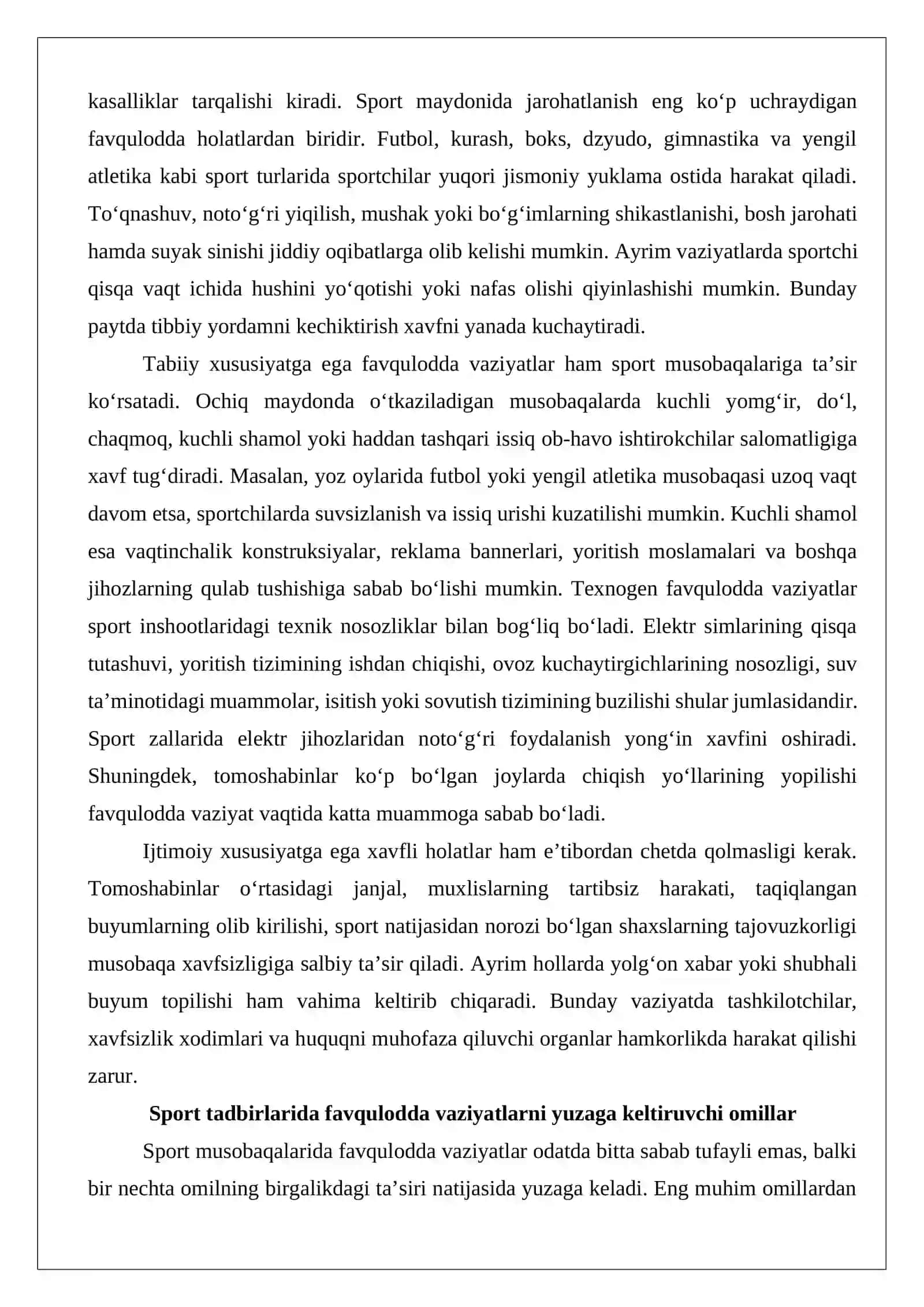Sport musobaqalarida favqulodda vaziyatlarning oldini olish choralari 4
