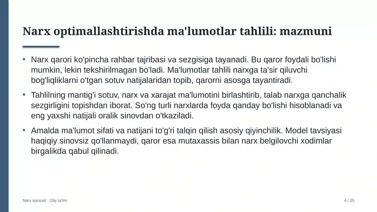 Narx siyosati · Oliy ta'lim 4