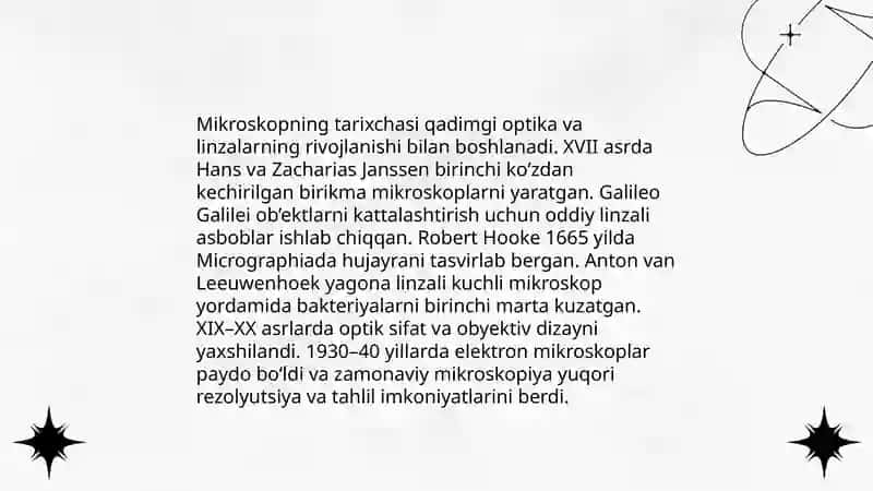 Mikroskop haqida slayd 8varoq bo’lishi kerak.orasiga ikkita rasm ham joylash kerak pdfini tashlab ber 4