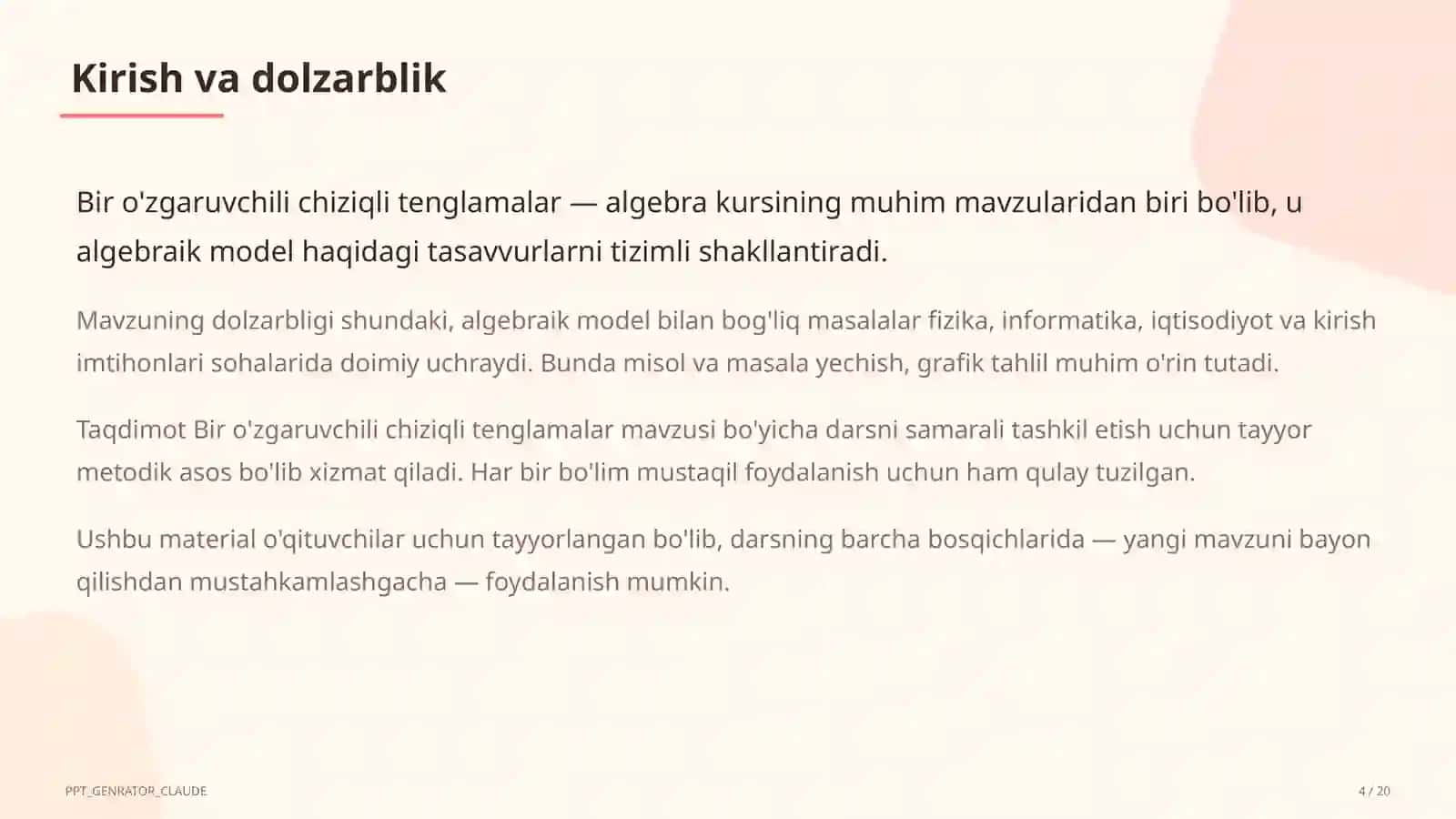 Algebra (7–11) — o'qituvchilar uchun 4