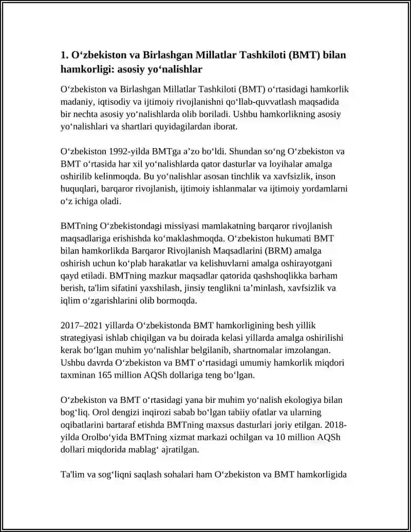 O'ZBEKISTONNING XALQARO TASHKILOTLAR BILAN HAMKORLIK ALOQALARI 4