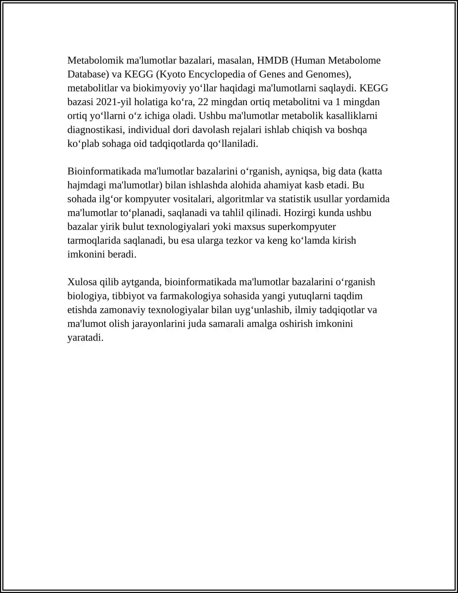 BIOINFORMATIKA VA BIOMEXANIKA FANIDAN. AXBOROT MAYDONINI O’RGANISH MAVZUSIDA MUSTAQIL ISH 4