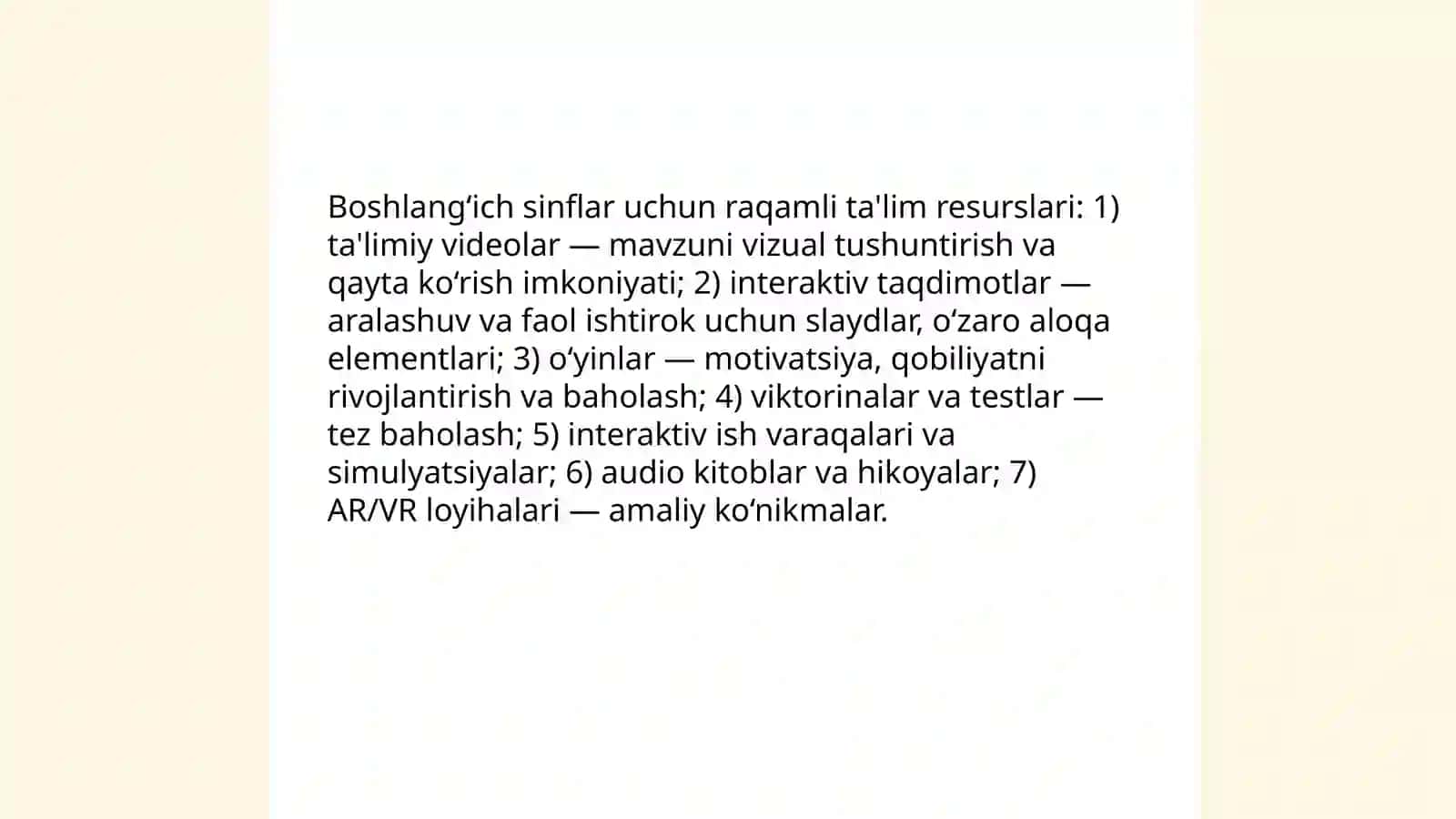 Boshlanģich sinflarda raqamli ta'lim resurslarini joriy etish. Blendedvlearning modeli 4