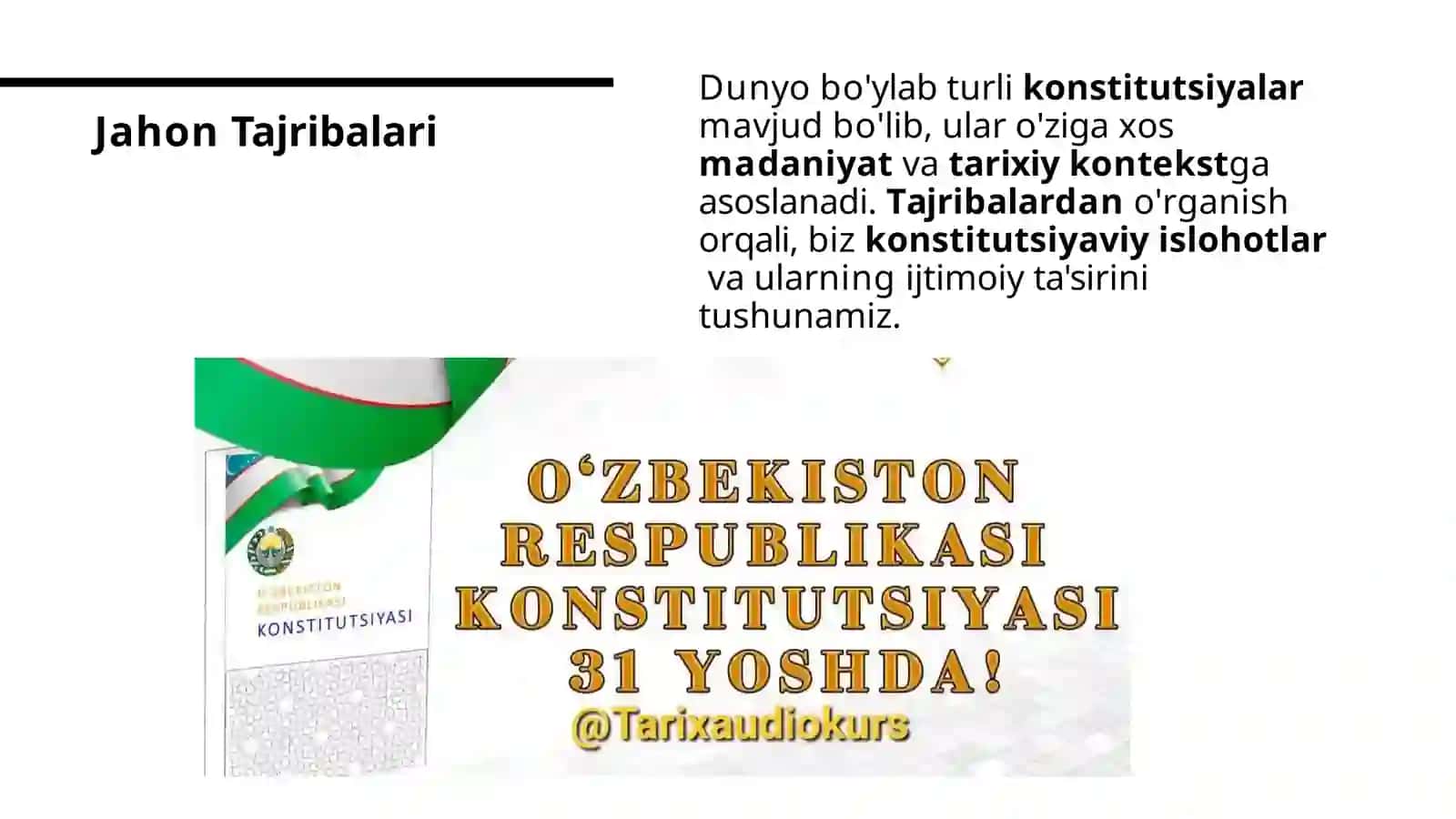Yangi taxlildagi  konstitutsiyada jahon  konstitutsaviy tajribalari va  qadriyatlarning aks ettirishi 4