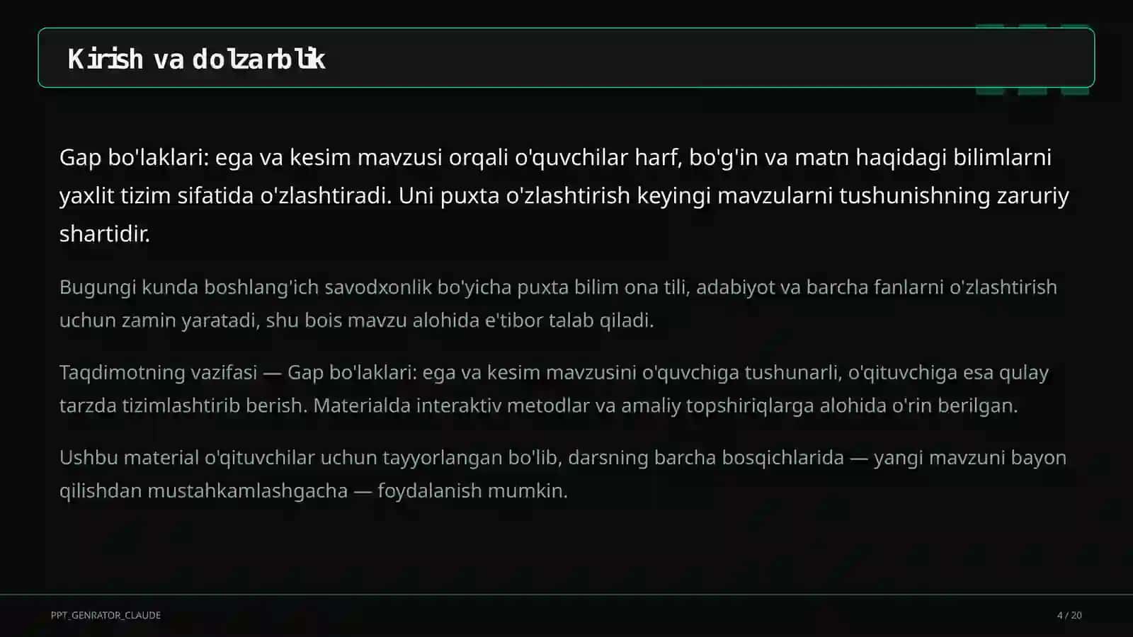 Gap bo'laklari: ega va kesim (4-sinf) 4