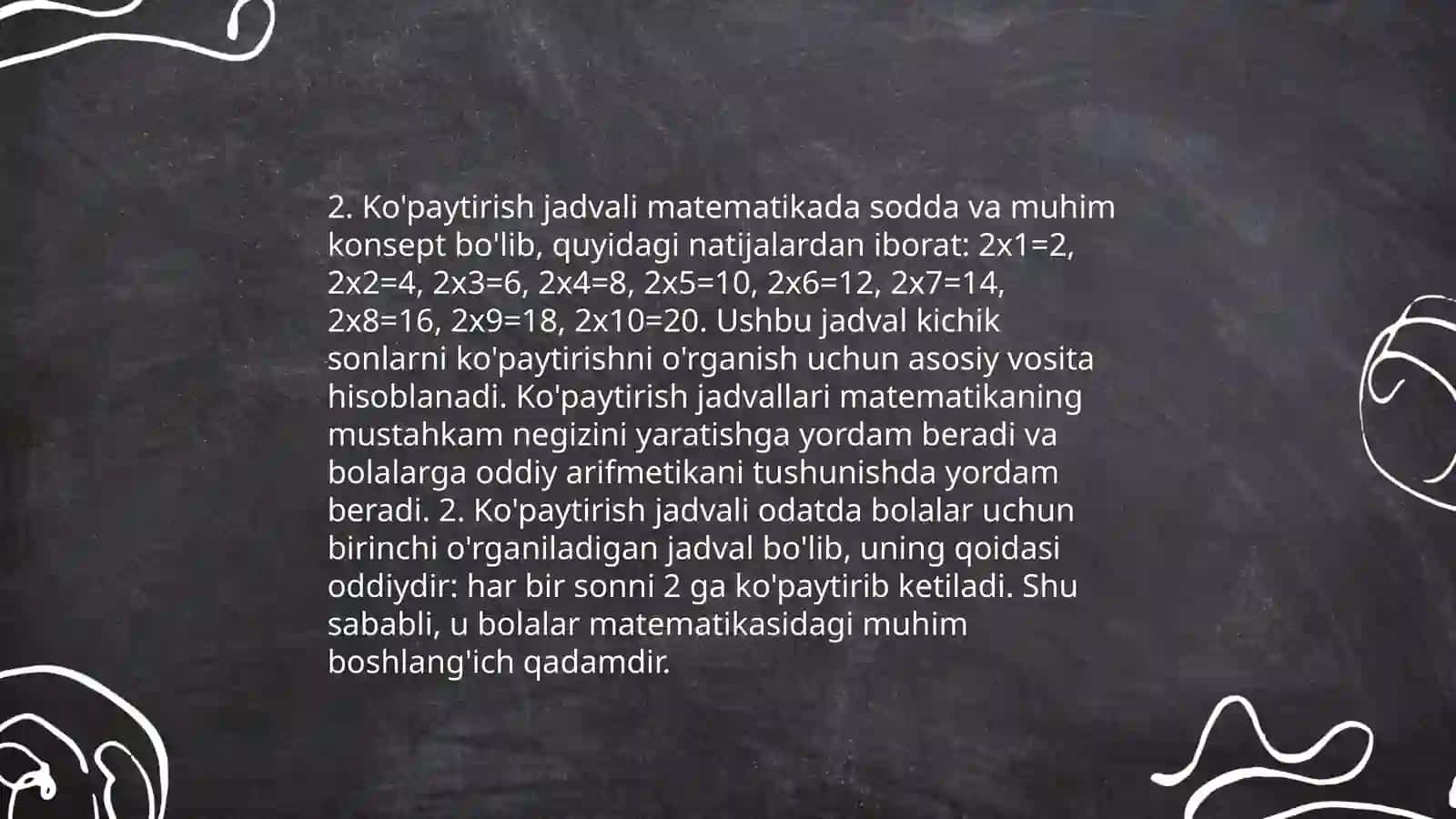 Qo'shish va ko'paytirish jadvallari hamda ularga hos bolish va ayrish hollarini or'gatish 4