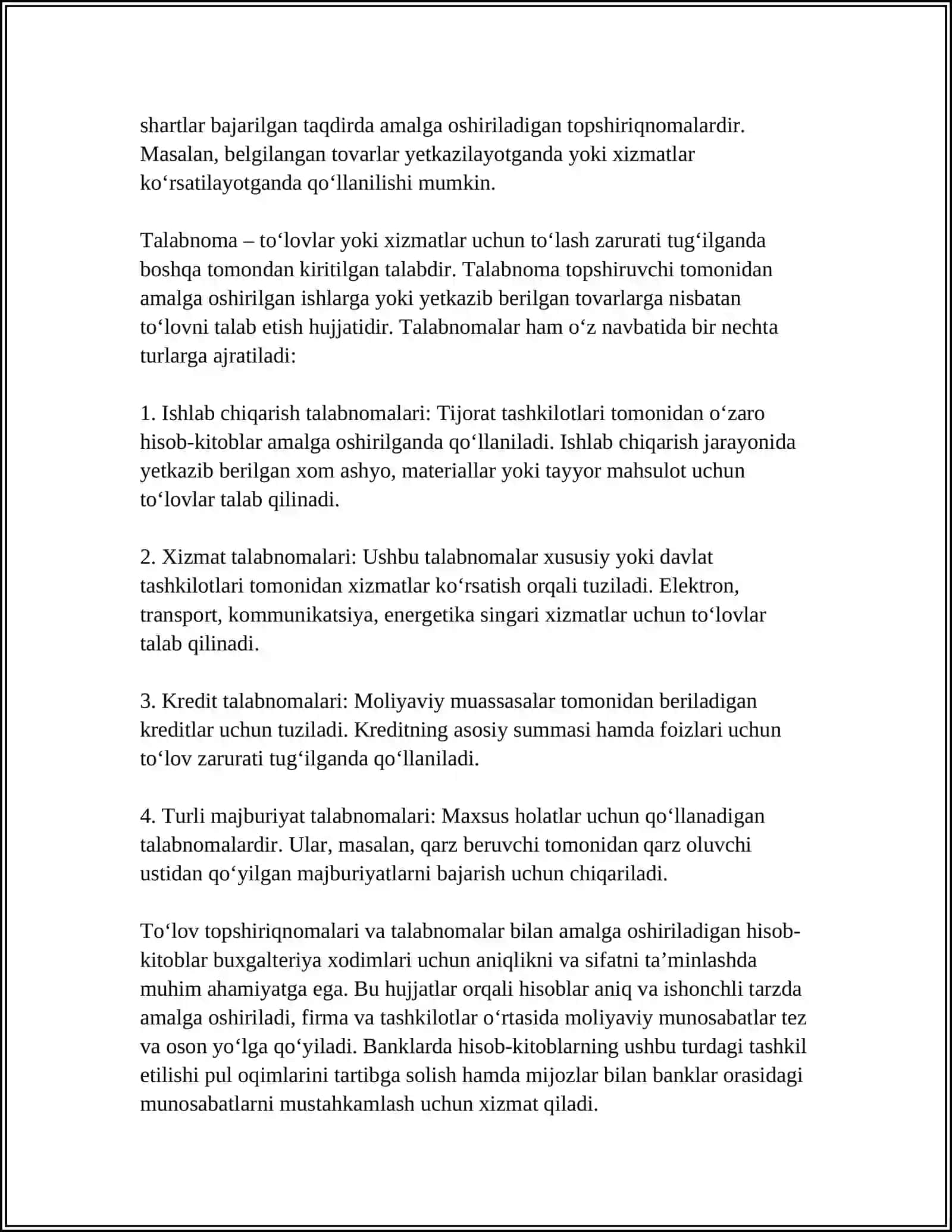 BANKLARDA TO‘LOV TOPSHIRIQNOMALARI VA TALABNOMALARI BILAN HISOB-KITOBLARNING HISOBI 4